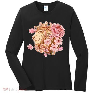Zodiac Leo Lion with Japanese Cherry Blossoms Women's Long Sleeve Shirt