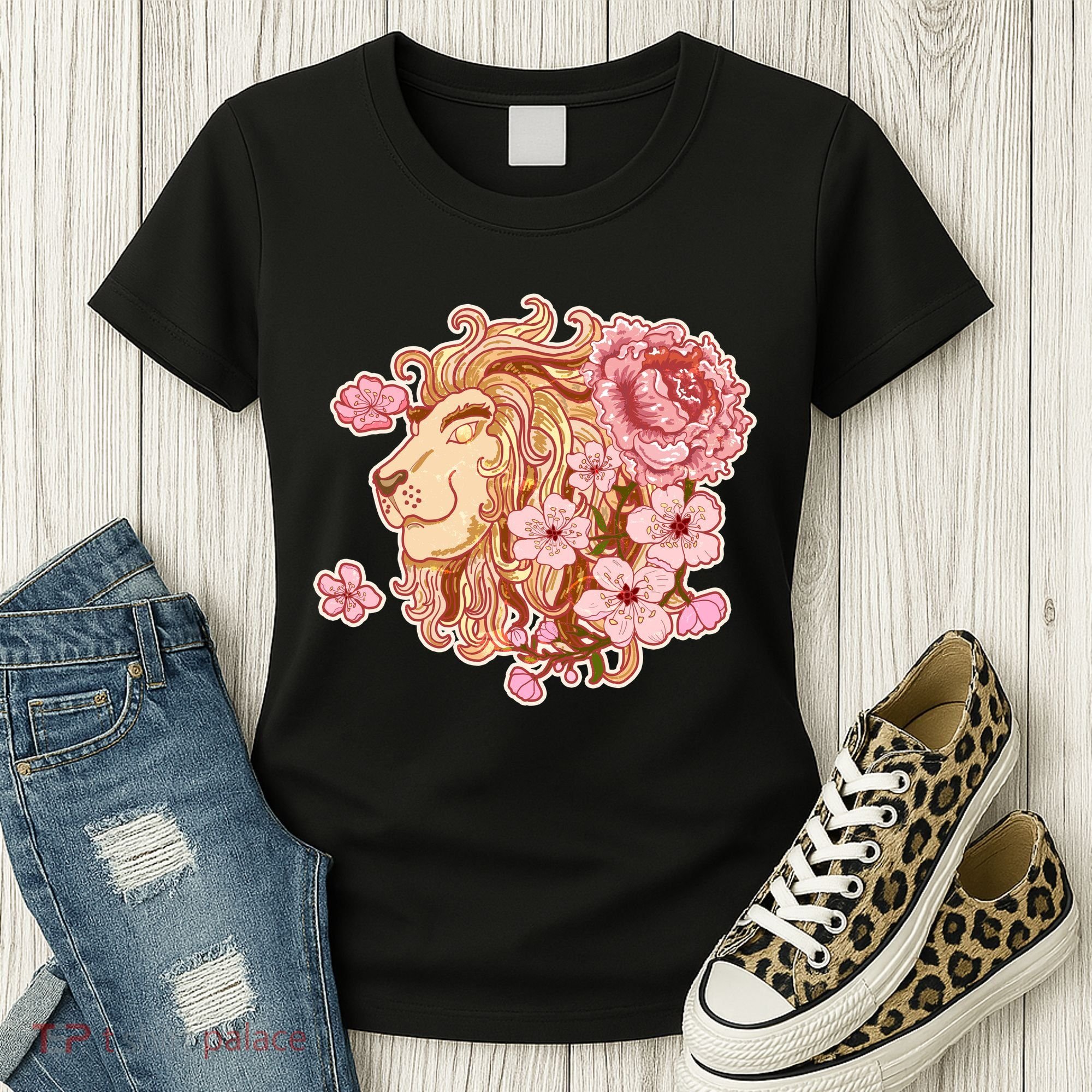 Zodiac Leo Lion with Japanese Cherry Blossoms Women's T-Shirt