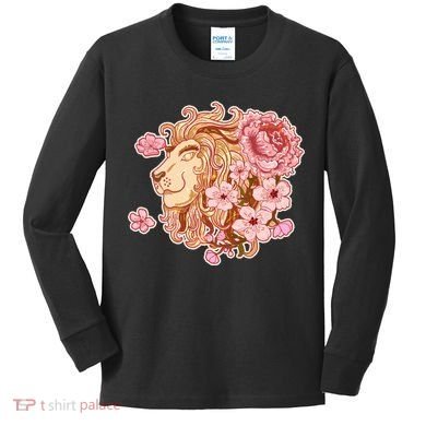 Zodiac Leo Lion with Japanese Cherry Blossoms Kids Long Sleeve Shirt
