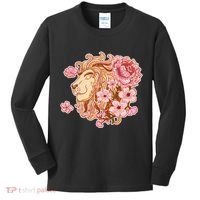Zodiac Leo Lion with Japanese Cherry Blossoms Kids Long Sleeve Shirt thumb 0