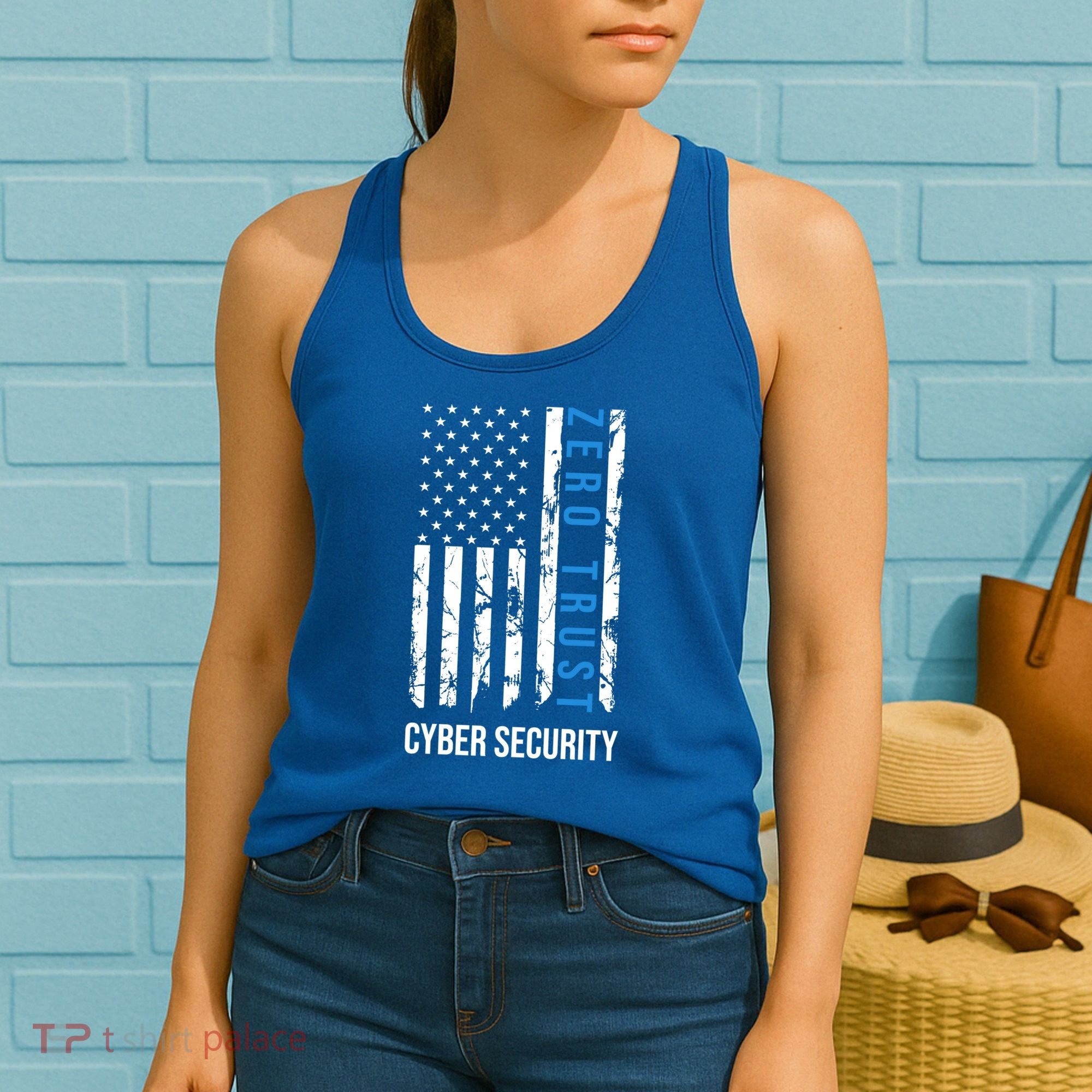 Zero Trust Us Flag Cyber Security Hacking Hacker Developer Funny Gift Women's Tank Top
